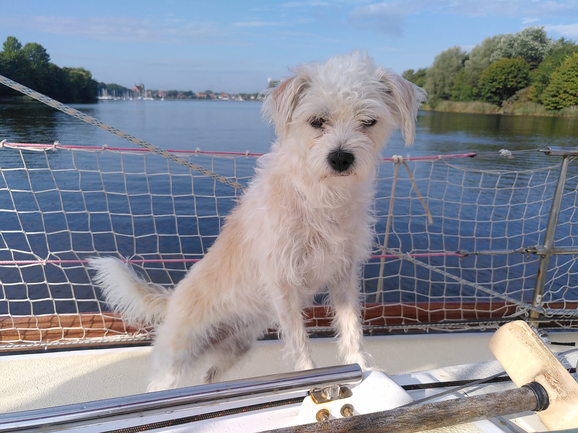 Emma on foredeck with canal behind